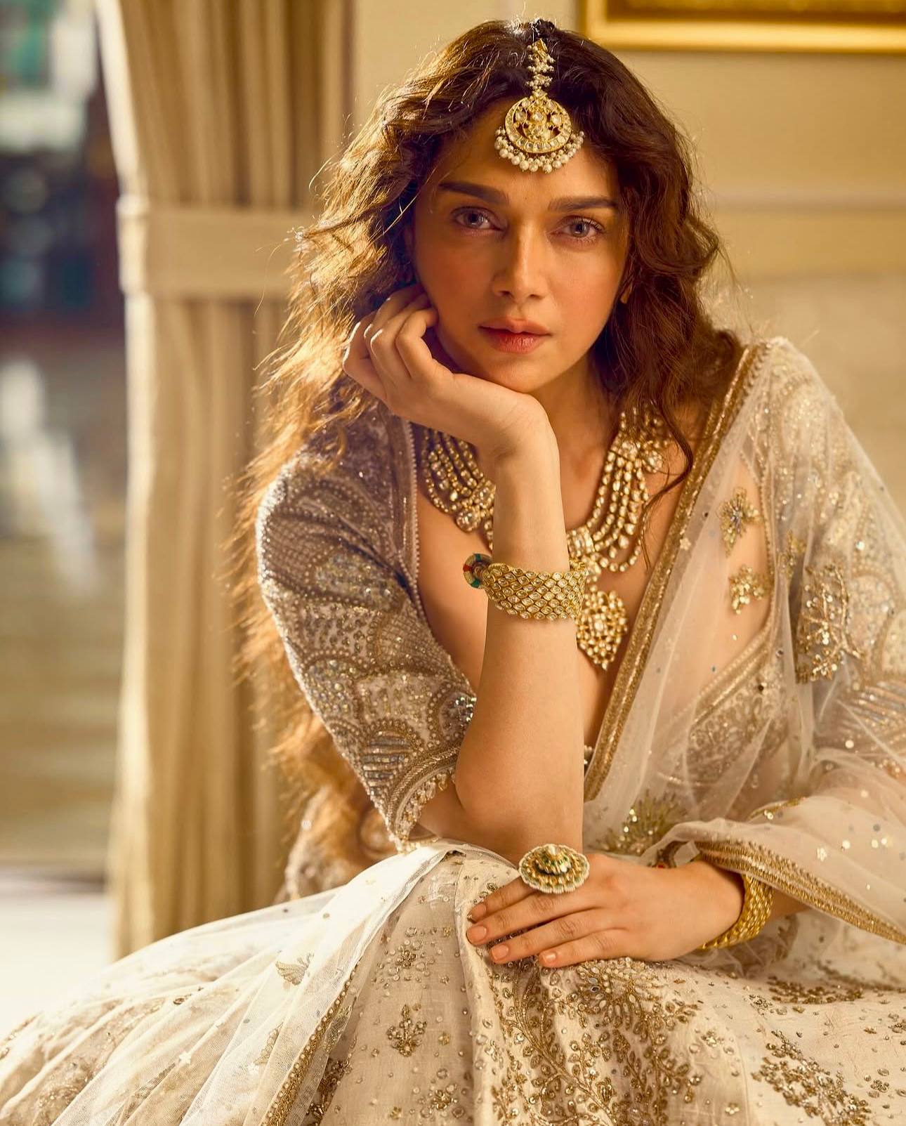 Aditi Ivory Slub Silk Flared Lehenga with All-Over Embroidery