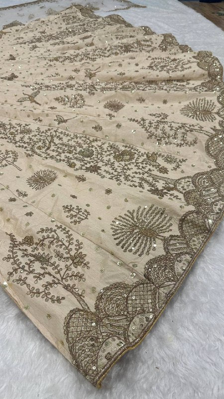 Aditi Ivory Slub Silk Flared Lehenga with All-Over Embroidery