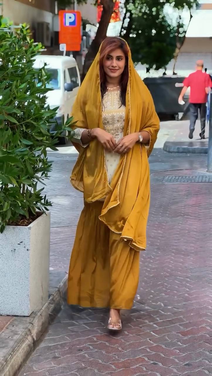 Traditional Mustard Yellow Sequin Festive & Party Wear Stitched Sharara Set for Women