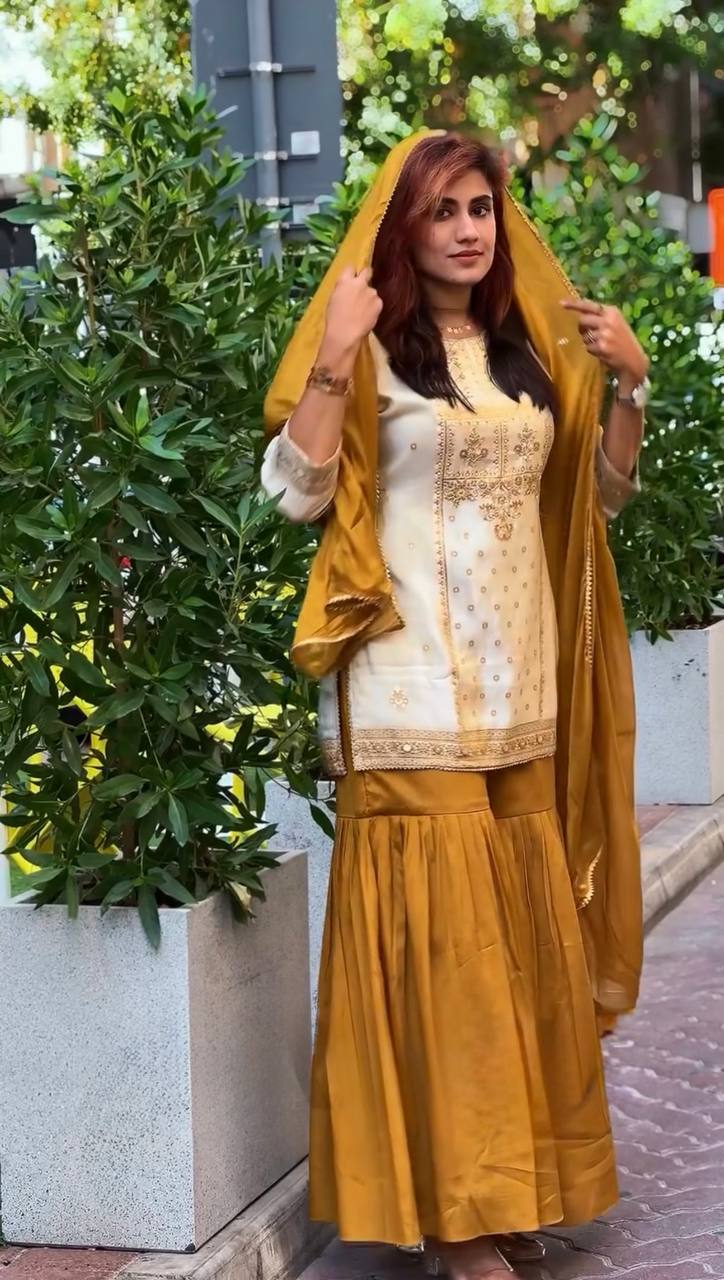 Traditional Mustard Yellow Sequin Festive & Party Wear Stitched Sharara Set for Women