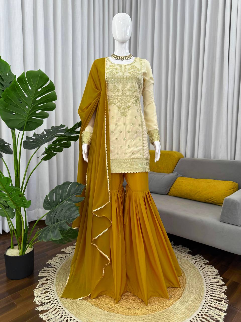 Traditional Mustard Yellow Sequin Festive & Party Wear Stitched Sharara Set for Women