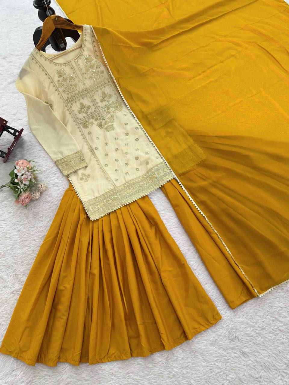 Traditional Mustard Yellow Sequin Festive & Party Wear Stitched Sharara Set for Women