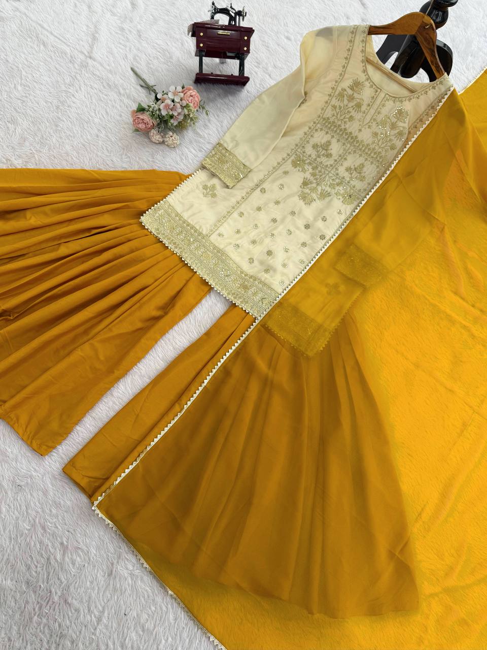 Traditional Mustard Yellow Sequin Festive & Party Wear Stitched Sharara Set for Women