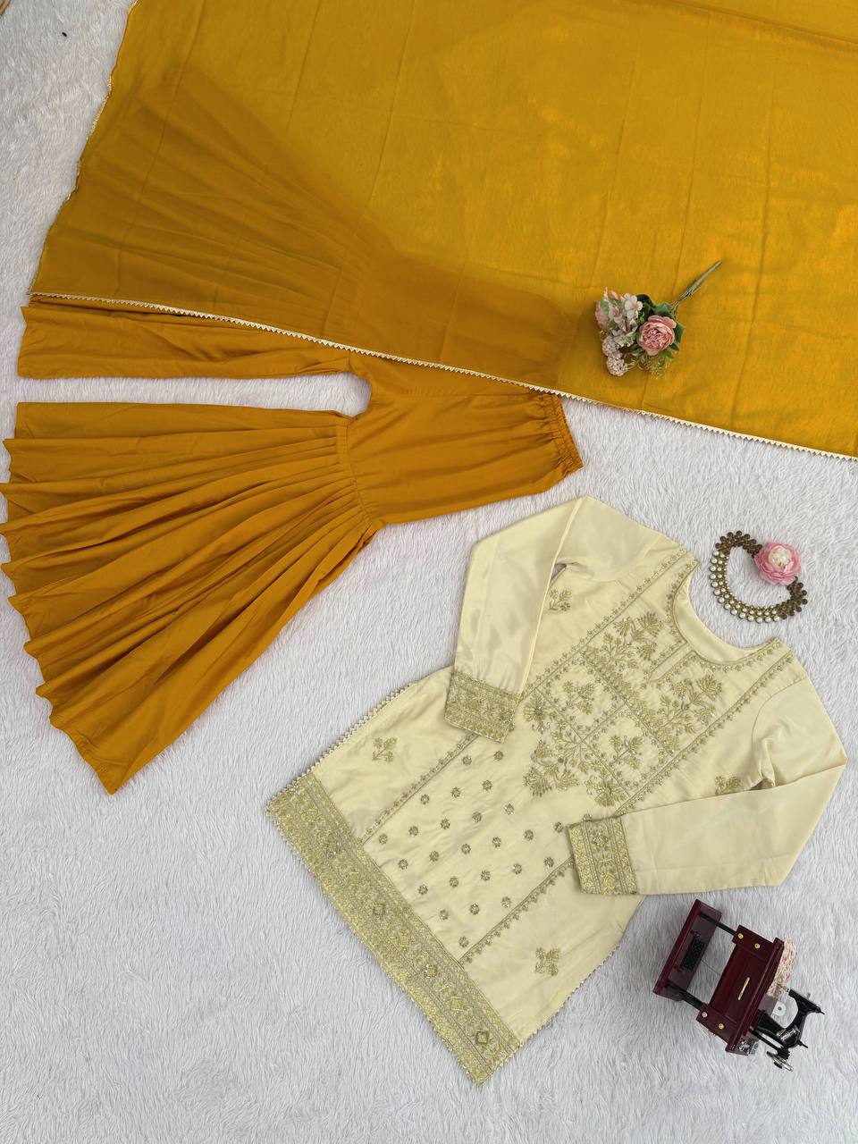 Traditional Mustard Yellow Sequin Festive & Party Wear Stitched Sharara Set for Women