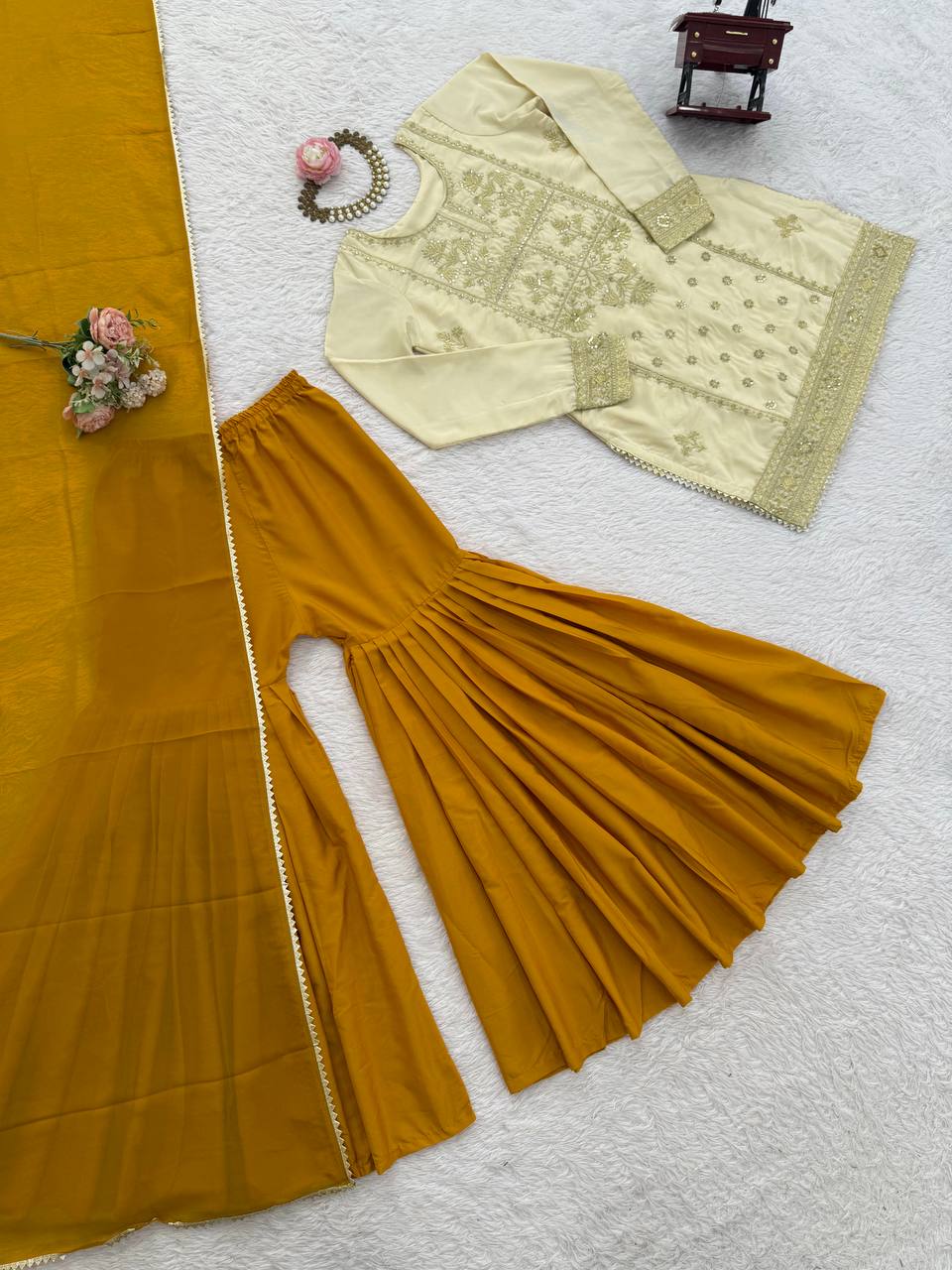 Traditional Mustard Yellow Sequin Festive & Party Wear Stitched Sharara Set for Women