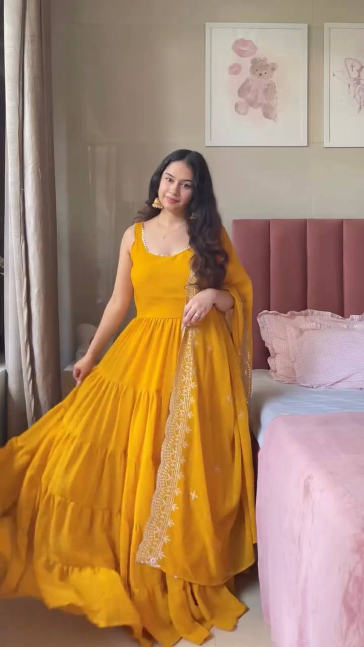 Festive Faux Georgette Yellow Flared Designer Anarkali With Embroidered Dupatta