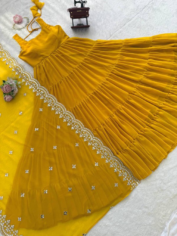 Festive Faux Georgette Yellow Flared Designer Anarkali With Embroidered Dupatta