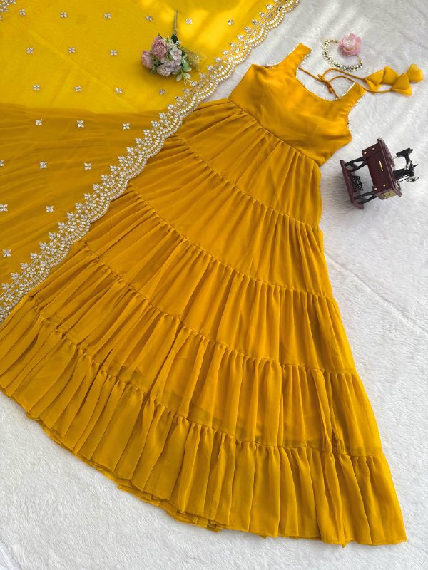 Festive Faux Georgette Yellow Flared Designer Anarkali With Embroidered Dupatta