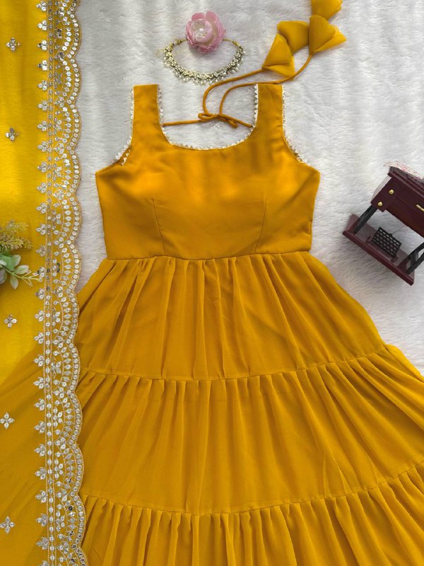 Festive Faux Georgette Yellow Flared Designer Anarkali With Embroidered Dupatta