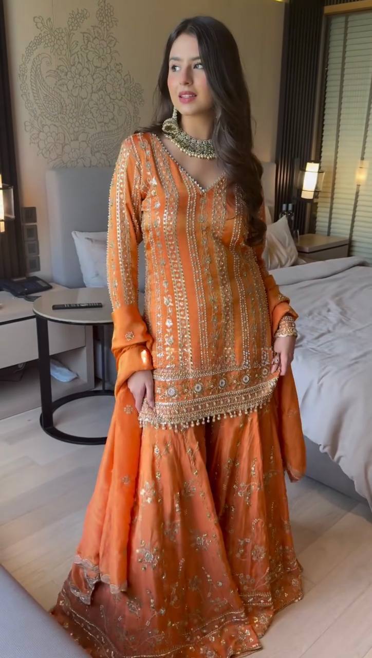 Embroidered Traditional Faux Georgette Orange Party Wear Festive Sharara Set