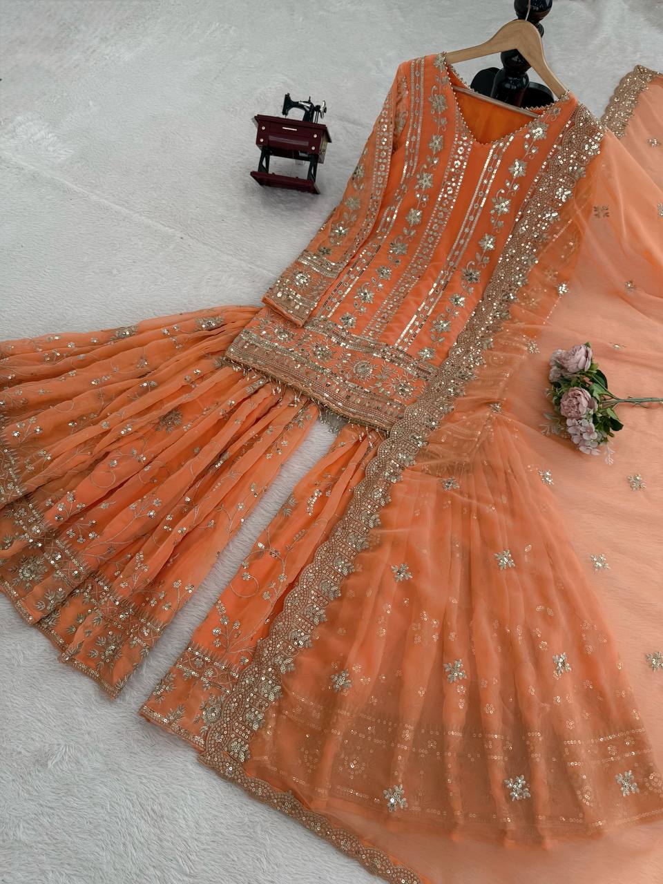 Embroidered Traditional Faux Georgette Orange Party Wear Festive Sharara Set