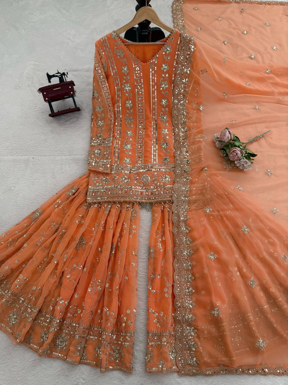 Embroidered Traditional Faux Georgette Orange Party Wear Festive Sharara Set