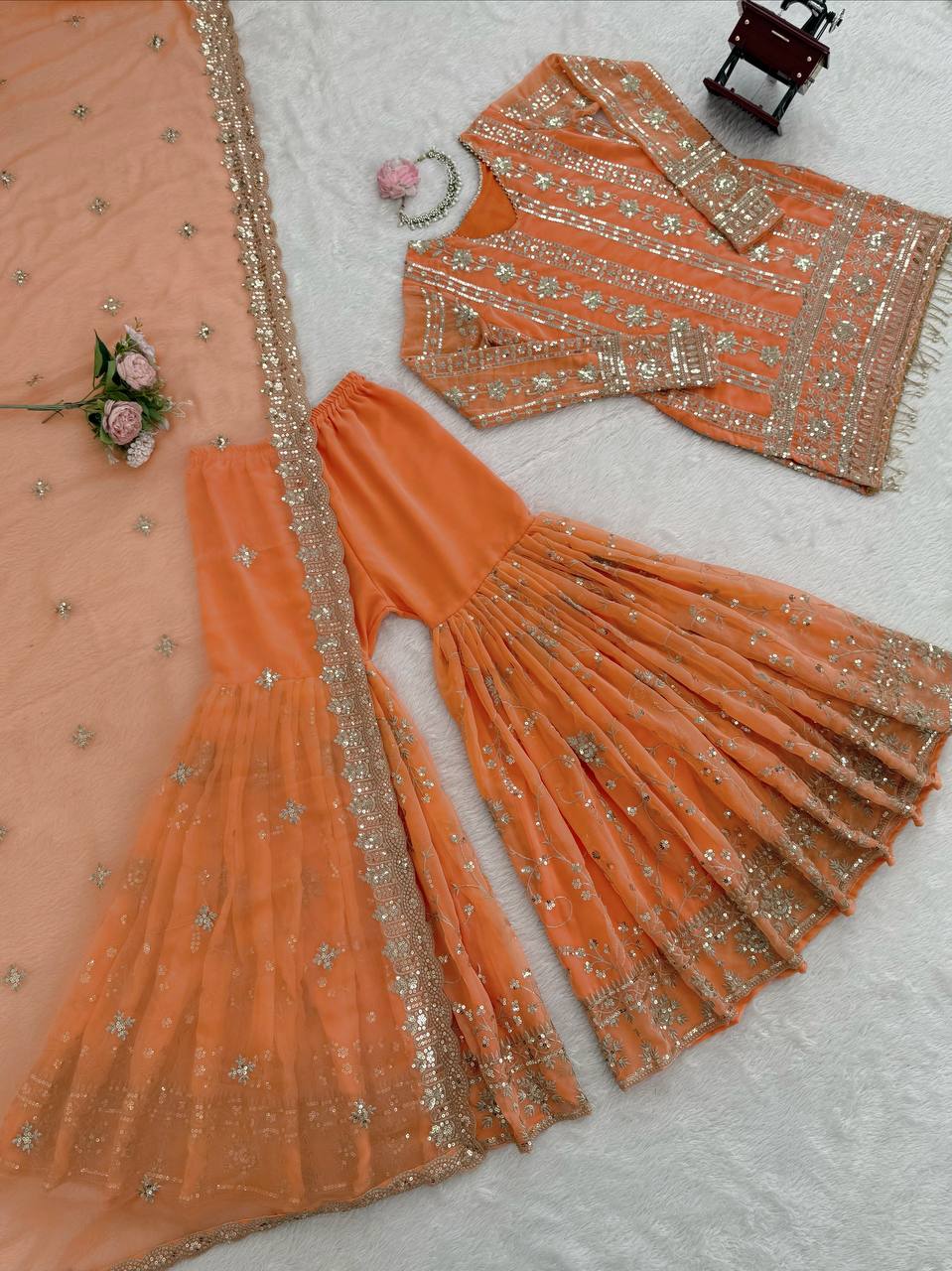Embroidered Traditional Faux Georgette Orange Party Wear Festive Sharara Set