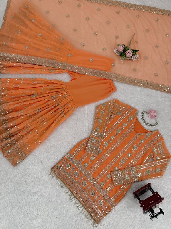 Embroidered Traditional Faux Georgette Orange Party Wear Festive Sharara Set