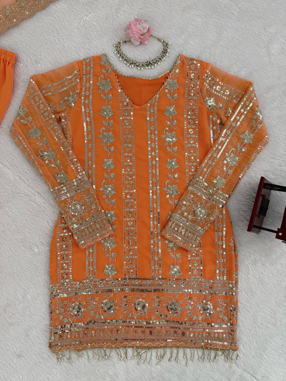 Embroidered Traditional Faux Georgette Orange Party Wear Festive Sharara Set