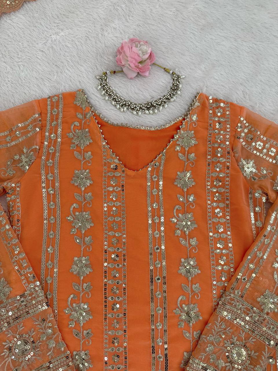 Embroidered Traditional Faux Georgette Orange Party Wear Festive Sharara Set