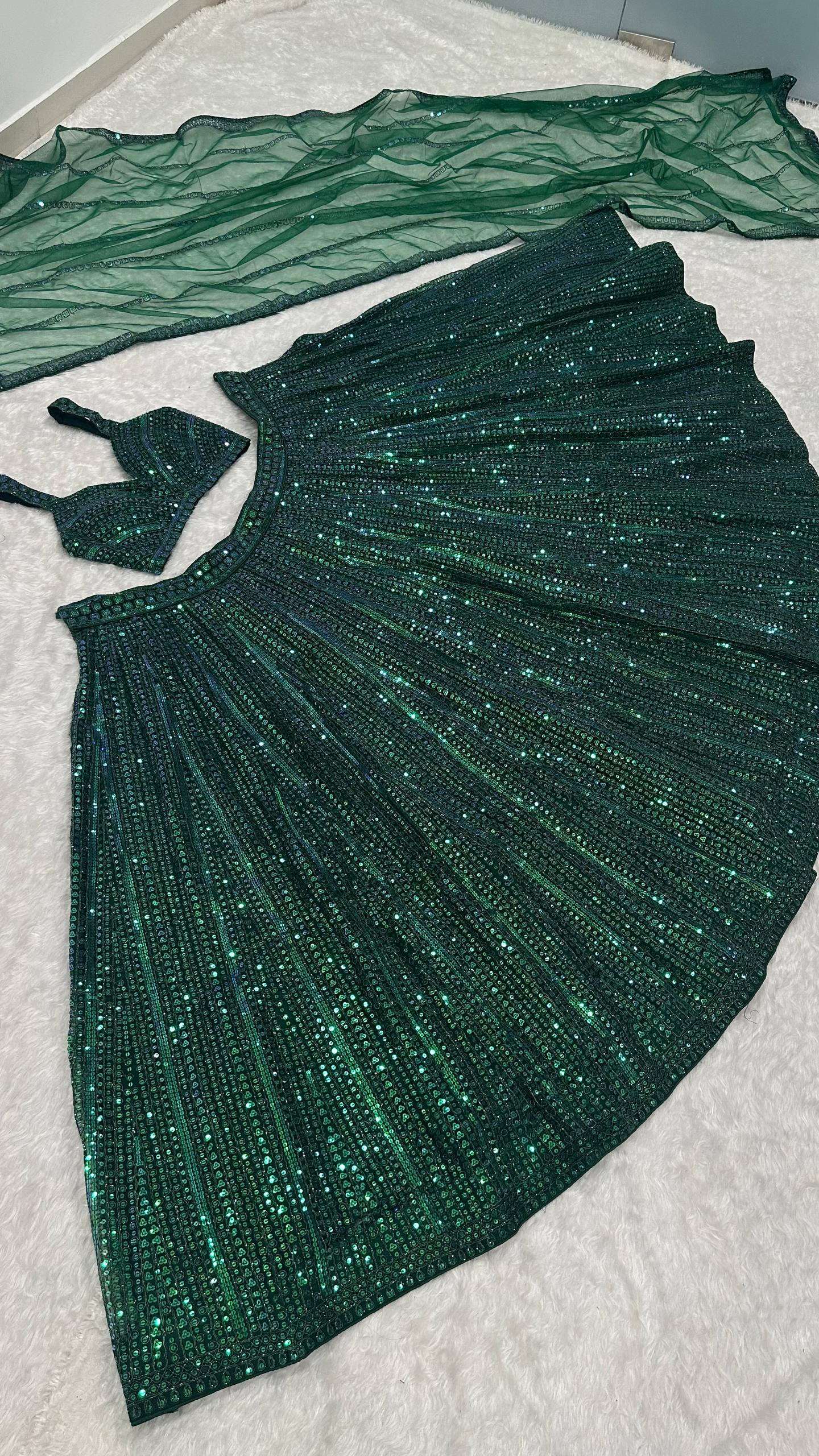 Designer Green Party Wear Net Lehenga with Rainbow Sequins and Can-Can