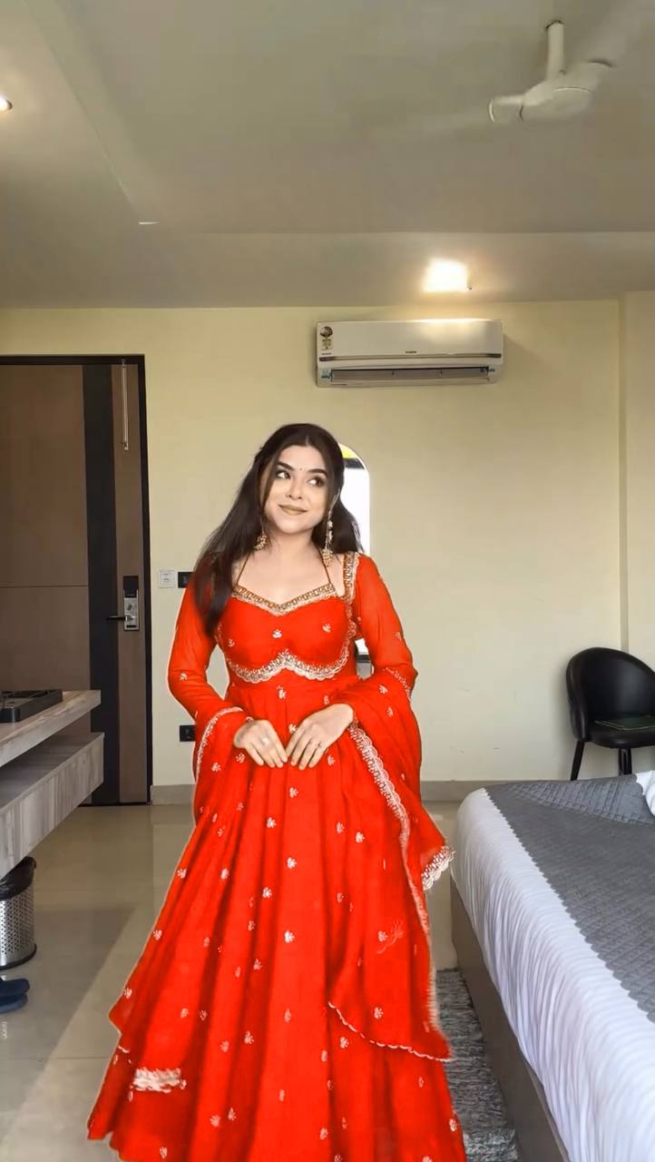 Designer Orange Faux Georgette Festive Wear Flared Stitched Anarkali Set For Women