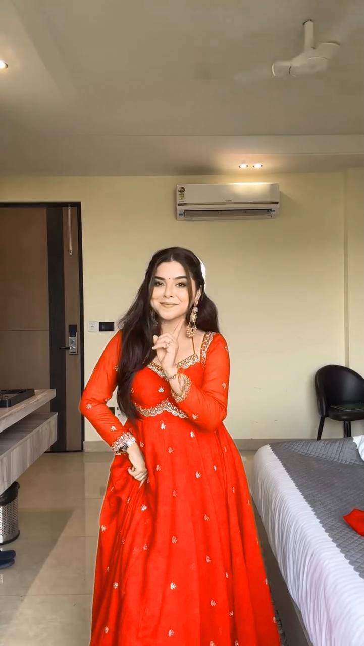 Designer Orange Faux Georgette Festive Wear Flared Stitched Anarkali Set For Women