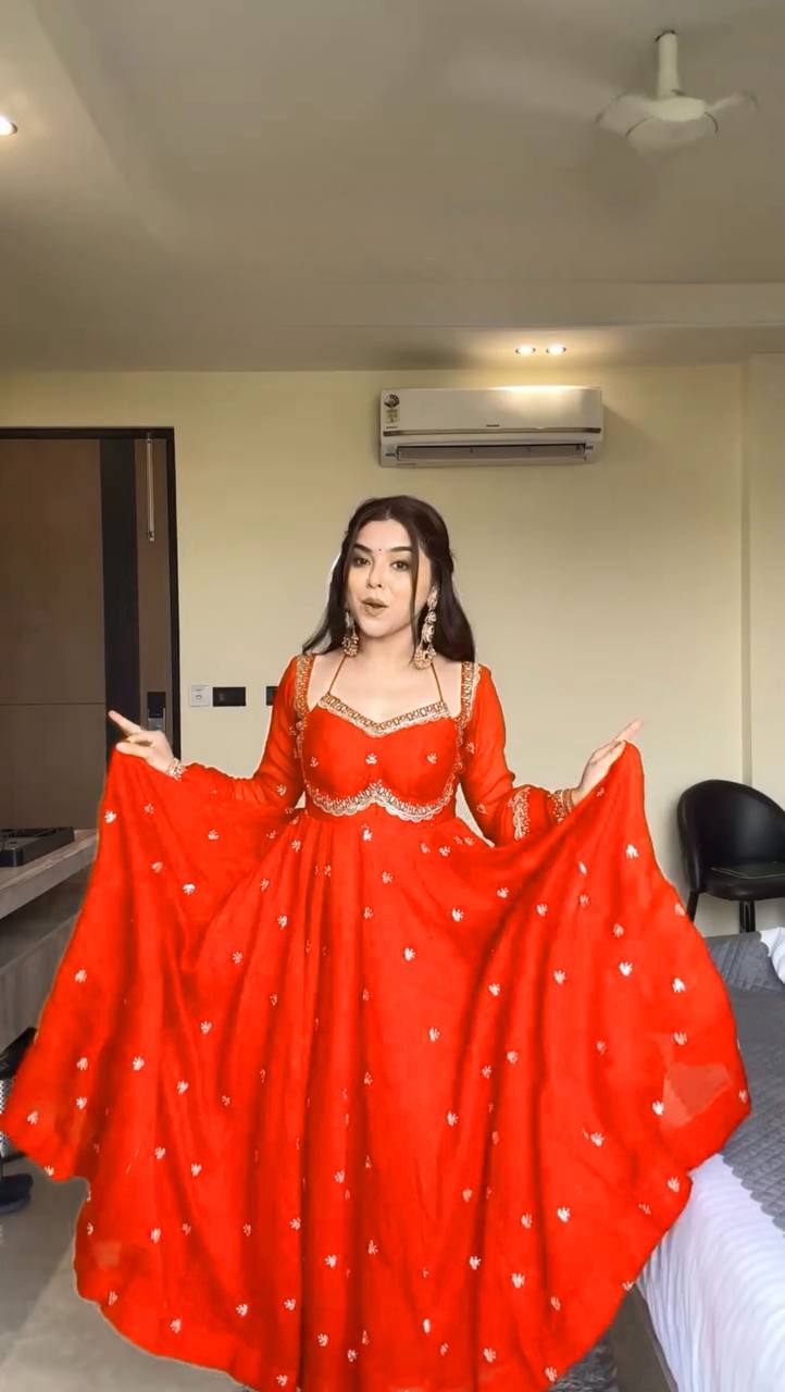 Designer Orange Faux Georgette Festive Wear Flared Stitched Anarkali Set For Women