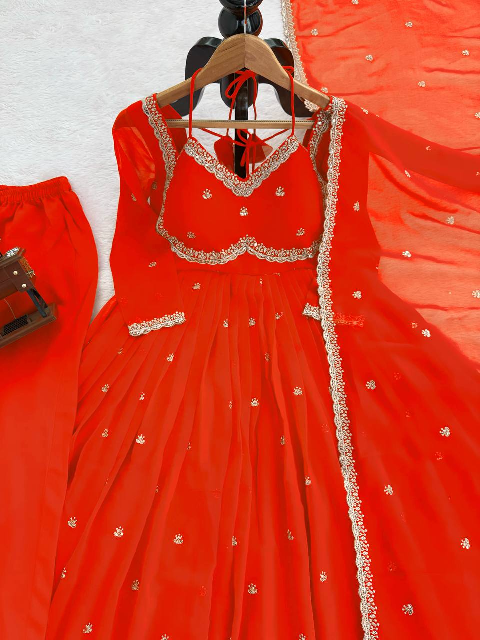 Designer Orange Faux Georgette Festive Wear Flared Stitched Anarkali Set For Women
