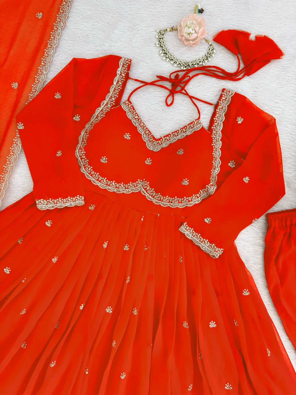 Designer Orange Faux Georgette Festive Wear Flared Stitched Anarkali Set For Women