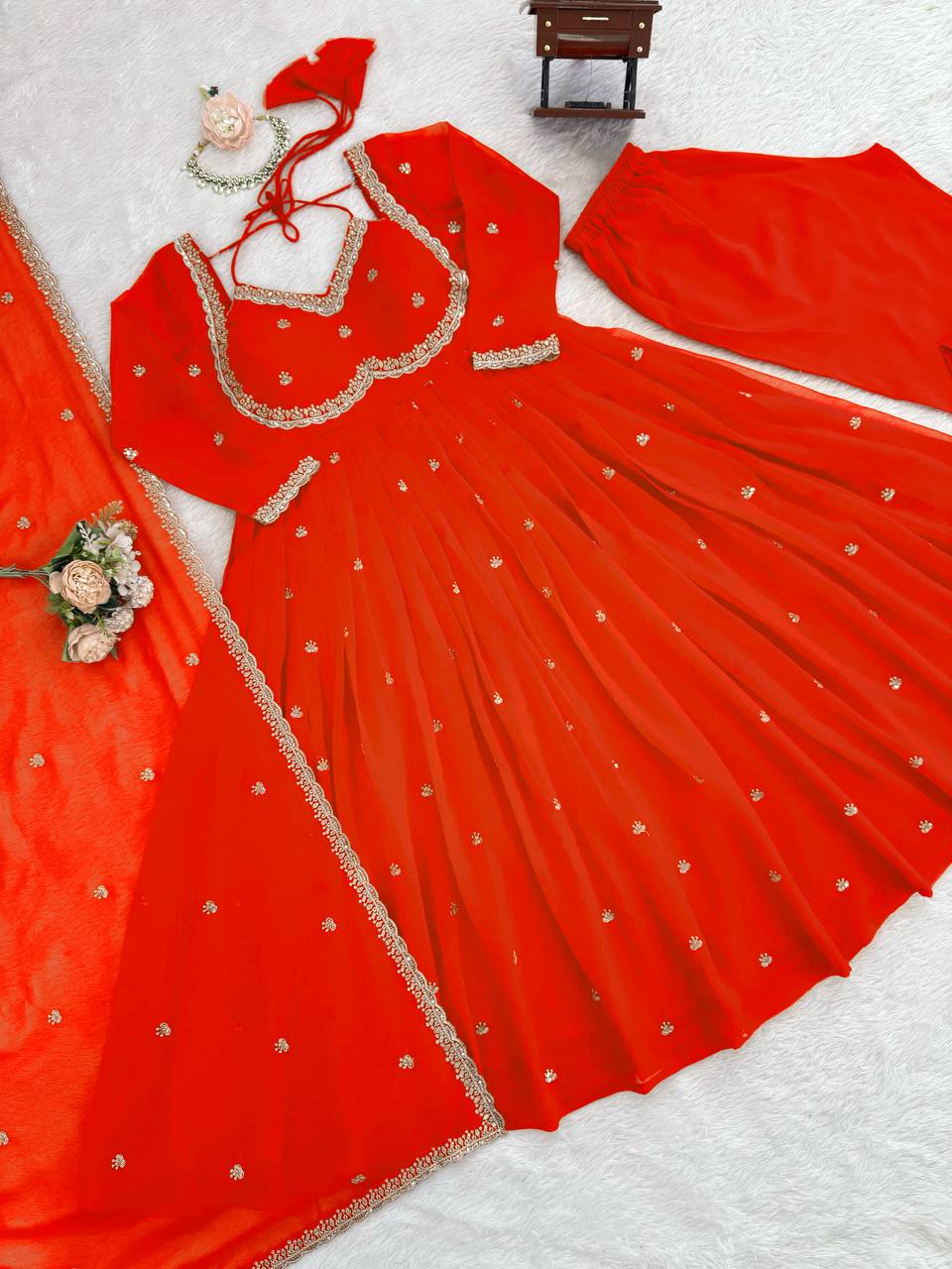 Designer Orange Faux Georgette Festive Wear Flared Stitched Anarkali Set For Women