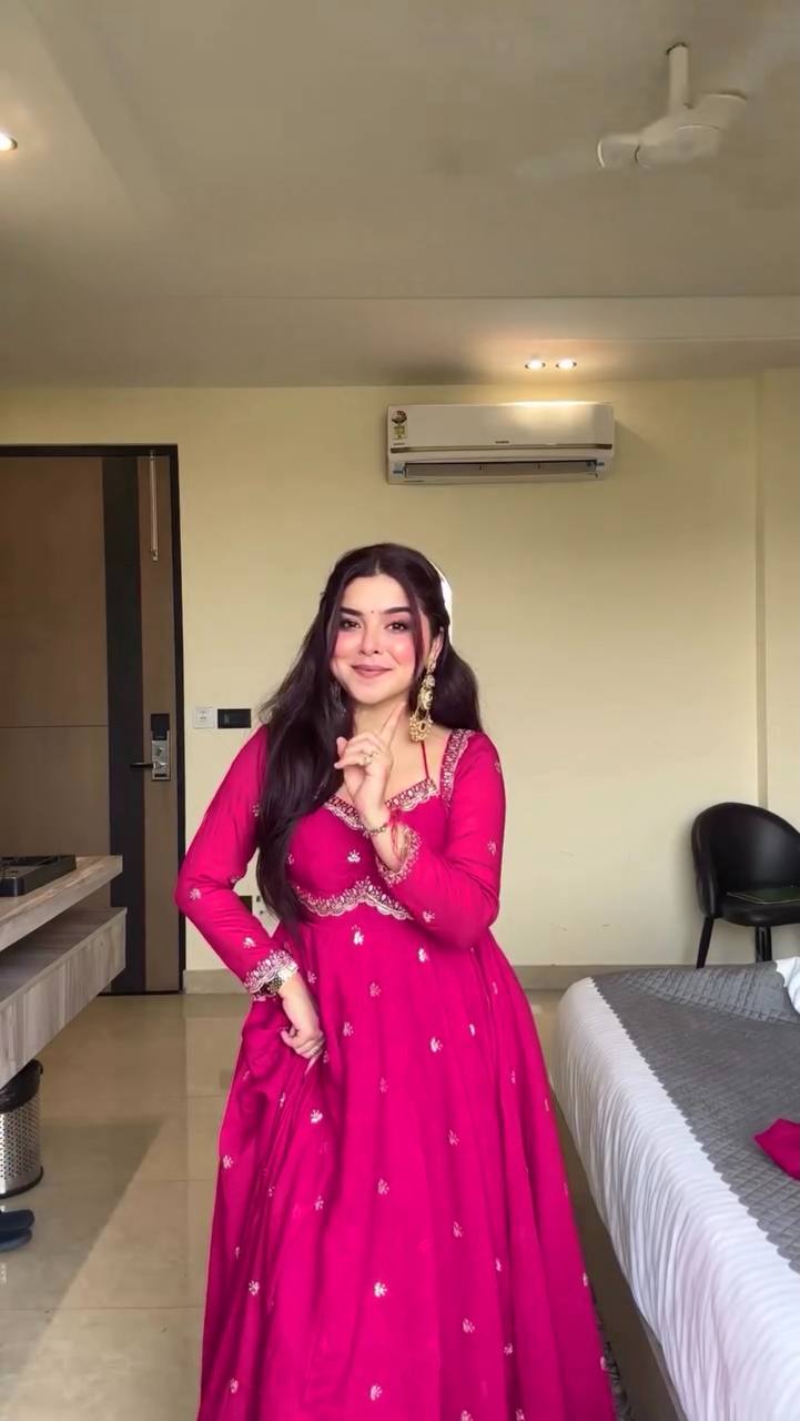 Designer Pink Faux Georgette Festive Wear Flared Stitched Anarkali Set For Women