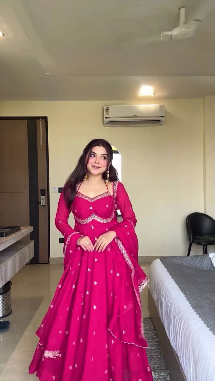 Designer Pink Faux Georgette Festive Wear Flared Stitched Anarkali Set For Women