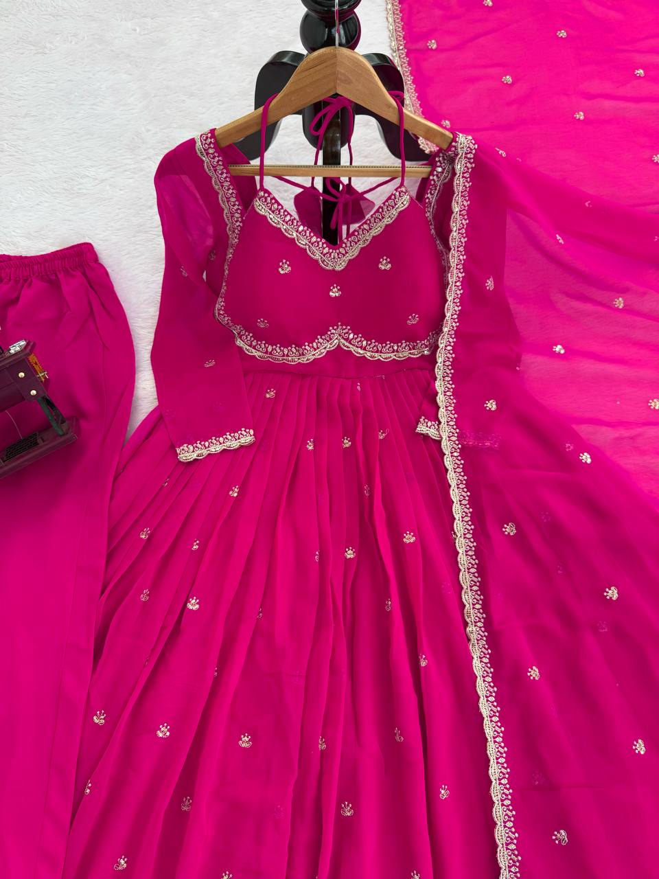 Designer Pink Faux Georgette Festive Wear Flared Stitched Anarkali Set For Women