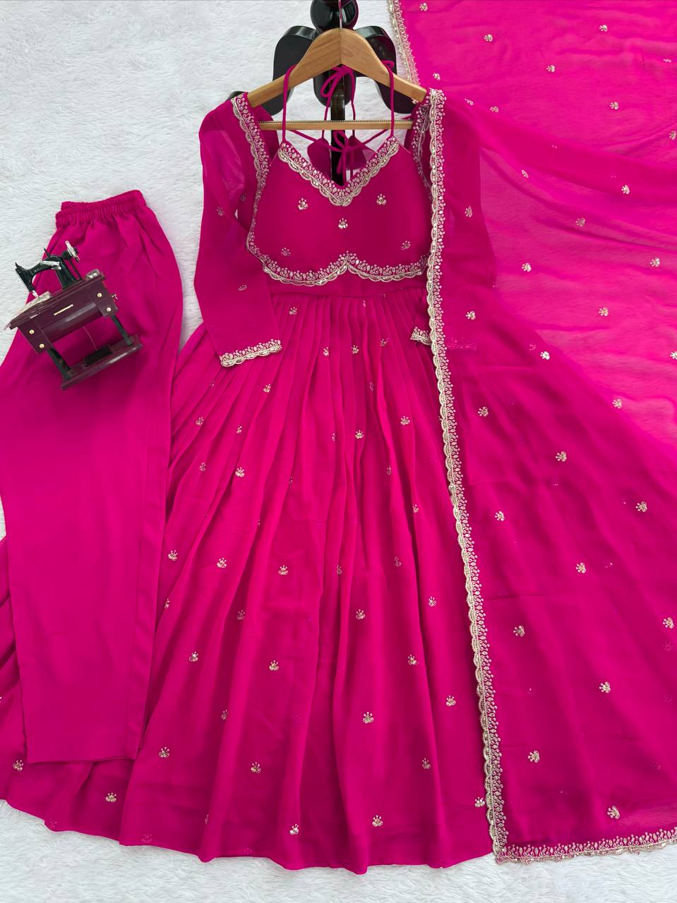 Designer Pink Faux Georgette Festive Wear Flared Stitched Anarkali Set For Women