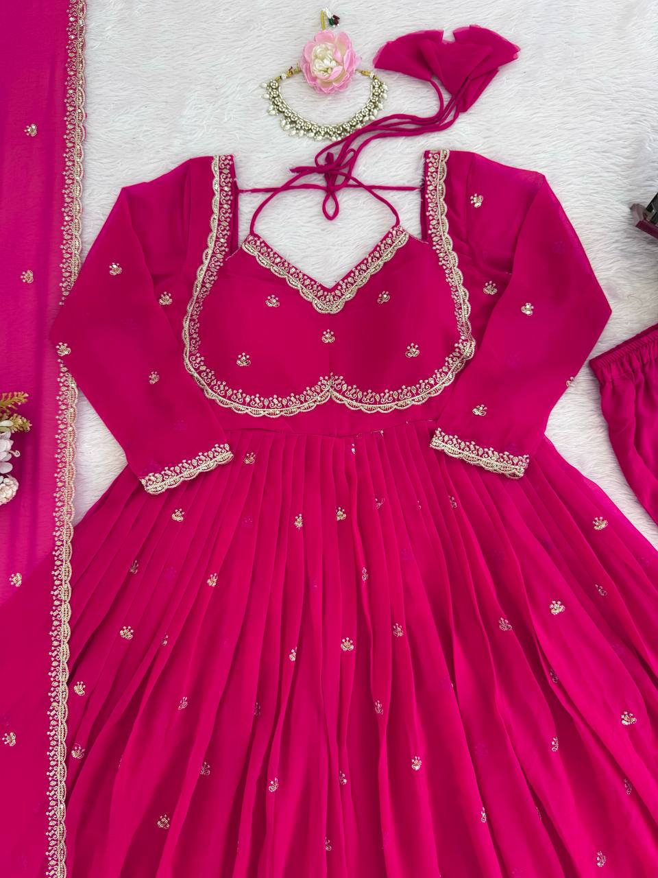 Designer Pink Faux Georgette Festive Wear Flared Stitched Anarkali Set For Women