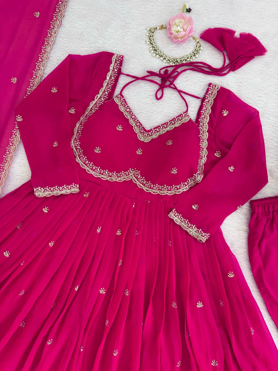 Designer Pink Faux Georgette Festive Wear Flared Stitched Anarkali Set For Women