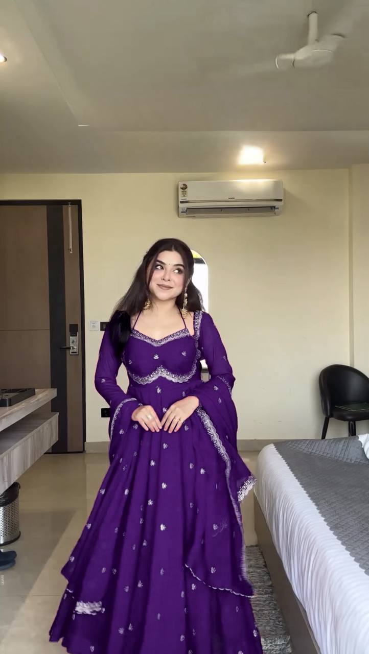 Designer Purple Faux Georgette Festive Wear Flared Stitched Anarkali Set For Women