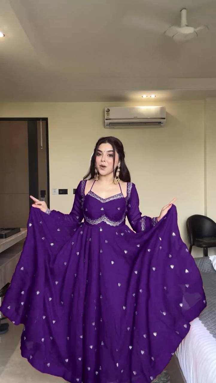 Designer Purple Faux Georgette Festive Wear Flared Stitched Anarkali Set For Women