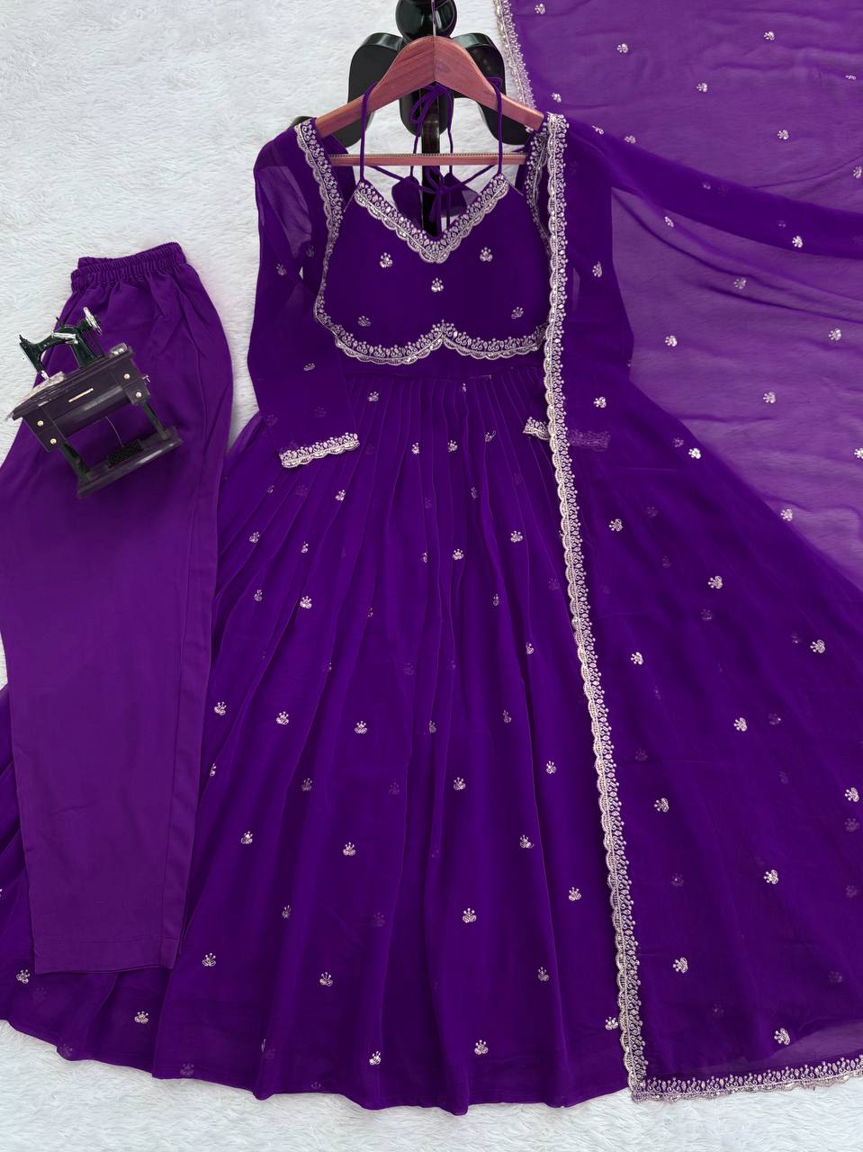 Designer Purple Faux Georgette Festive Wear Flared Stitched Anarkali Set For Women
