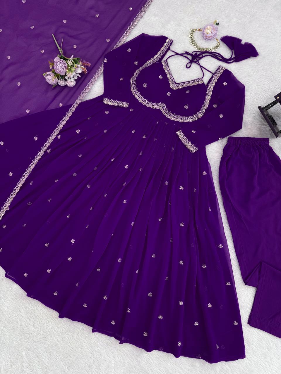 Designer Purple Faux Georgette Festive Wear Flared Stitched Anarkali Set For Women