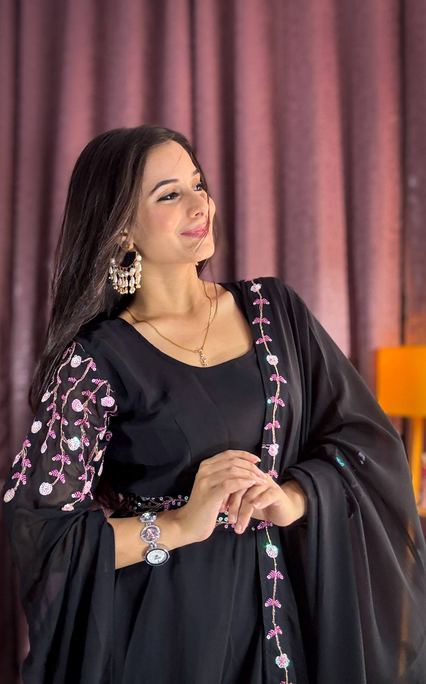 Designer Black Georgette Anarkali Full Stitched Gown with Dupatta & Belt