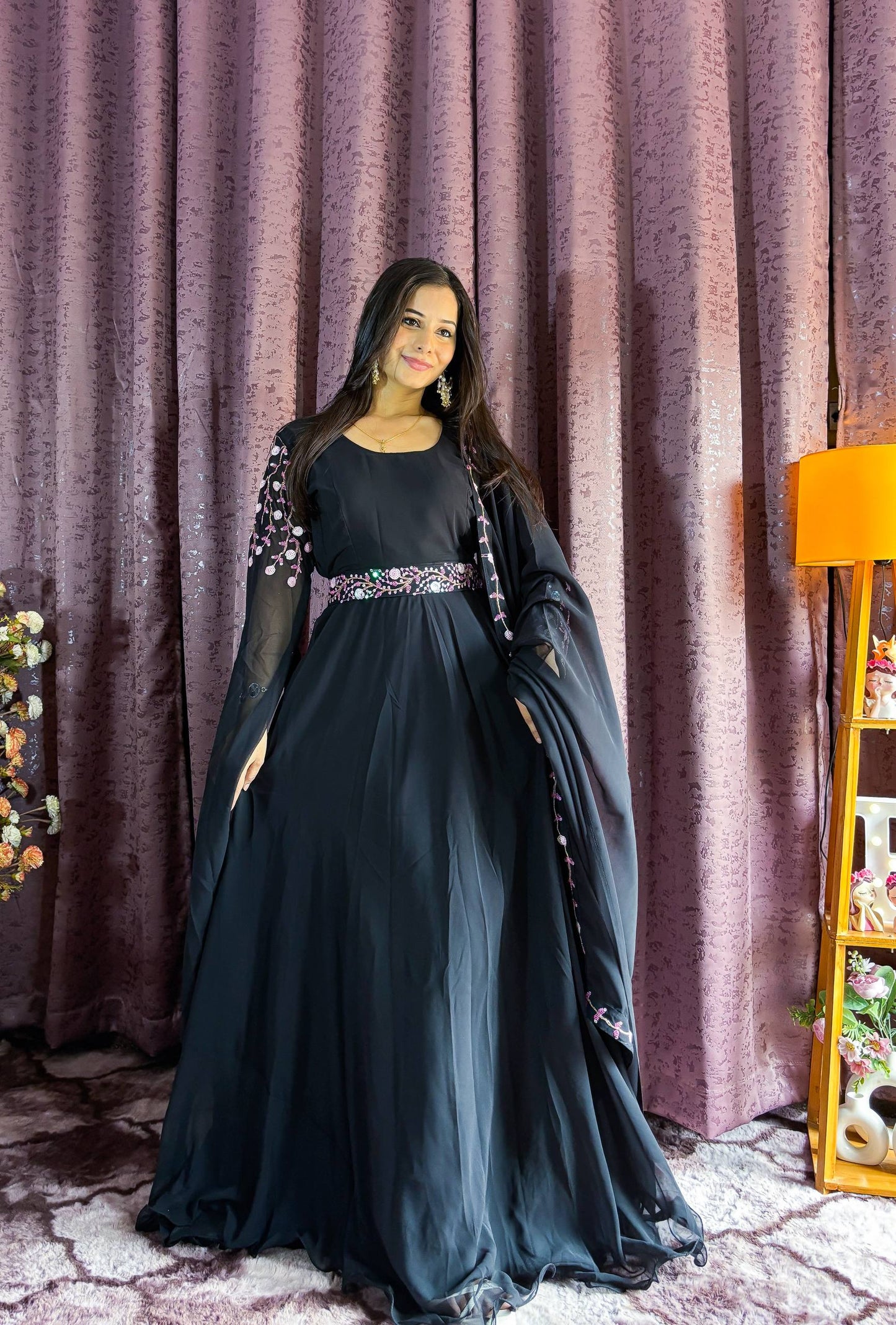 Designer Black Georgette Anarkali Full Stitched Gown with Dupatta & Belt