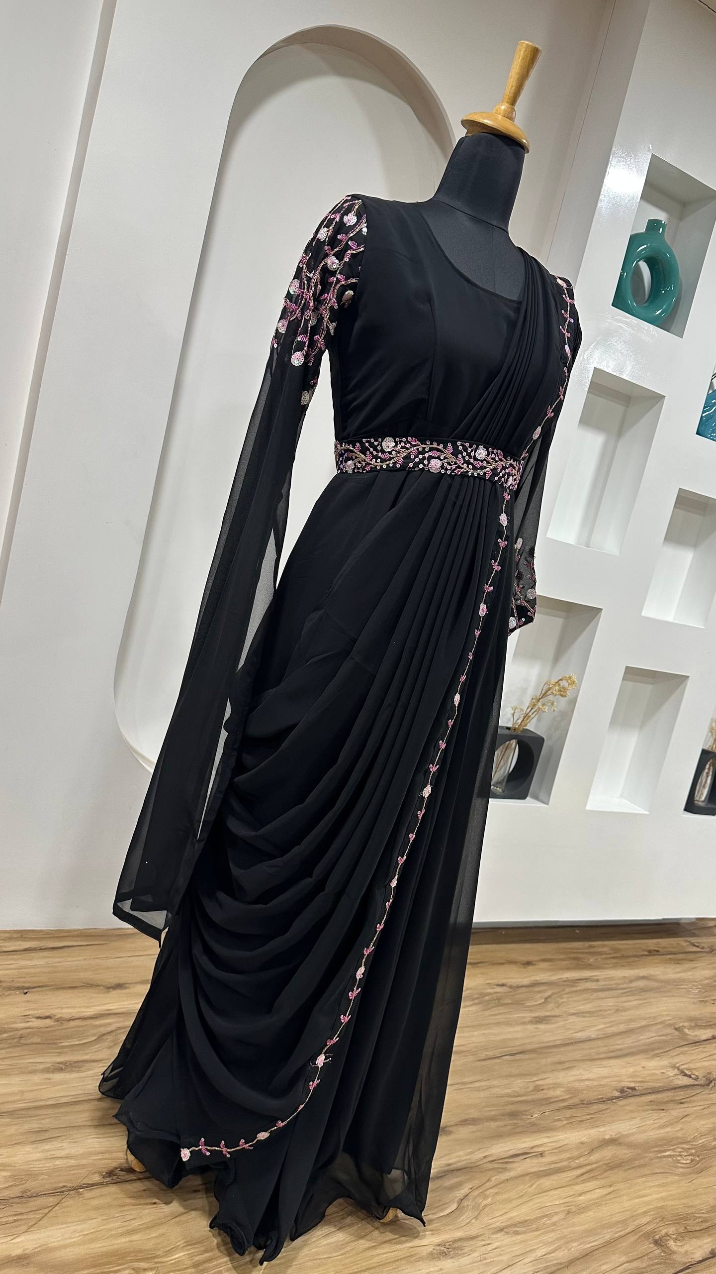 Designer Black Georgette Anarkali Full Stitched Gown with Dupatta & Belt