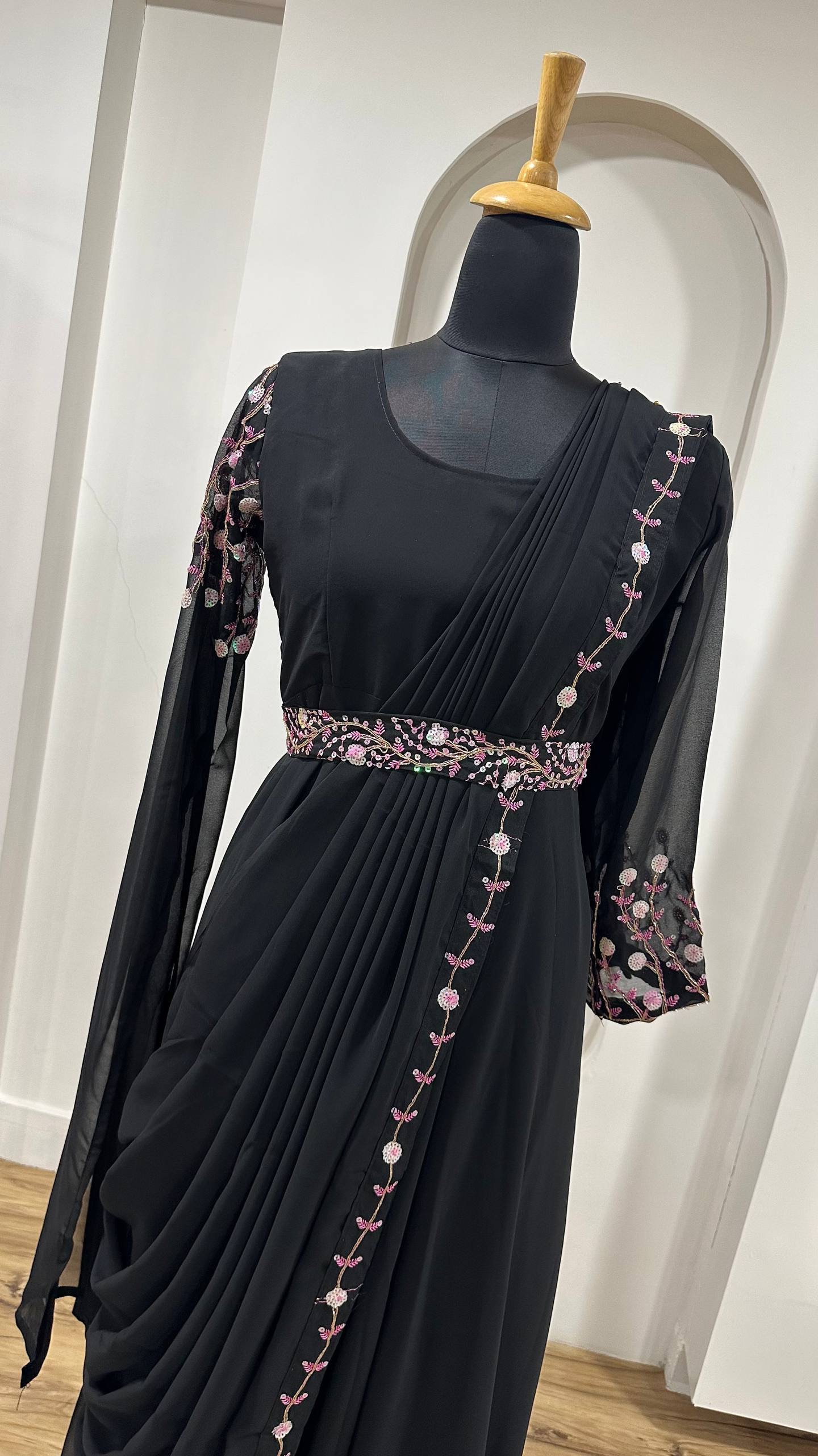 Designer Black Georgette Anarkali Full Stitched Gown with Dupatta & Belt