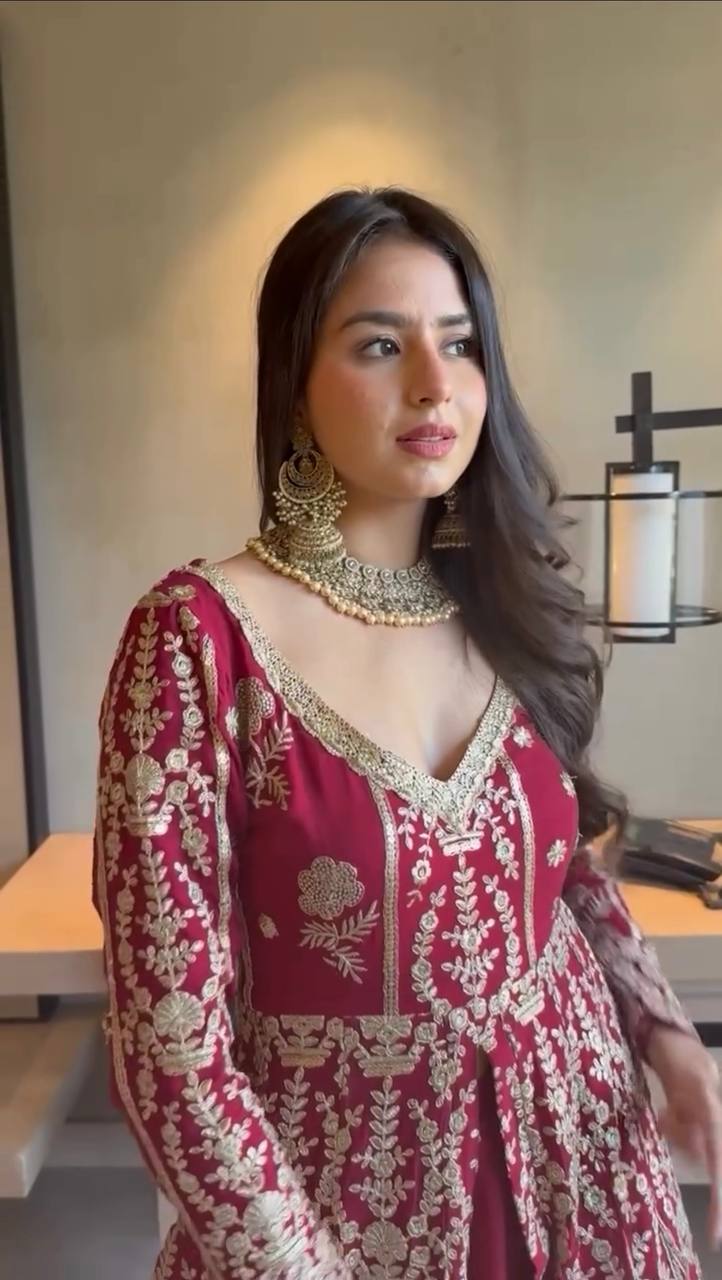 Premium Wedding Wear Maroon Heavy Embroidered Work Georgette 3 Piece Set