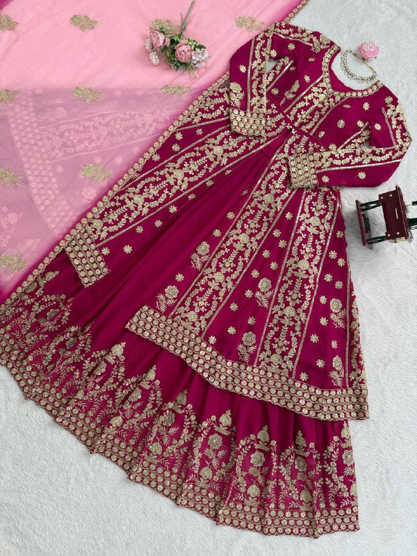 Premium Wedding Wear Maroon Heavy Embroidered Work Georgette 3 Piece Set