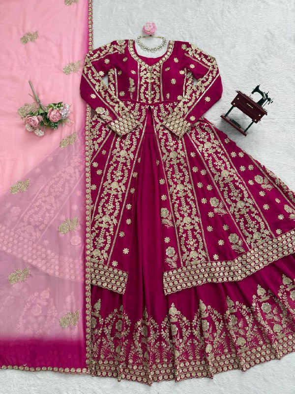 Premium Wedding Wear Maroon Heavy Embroidered Work Georgette 3 Piece Set