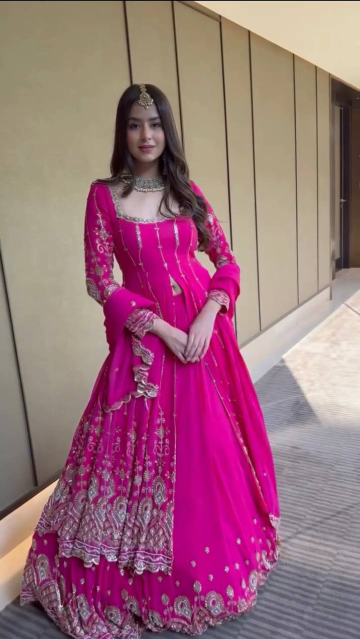 Festival Special Embroidered Georgette Pink Party Wear Stitched 3 Piece Set
