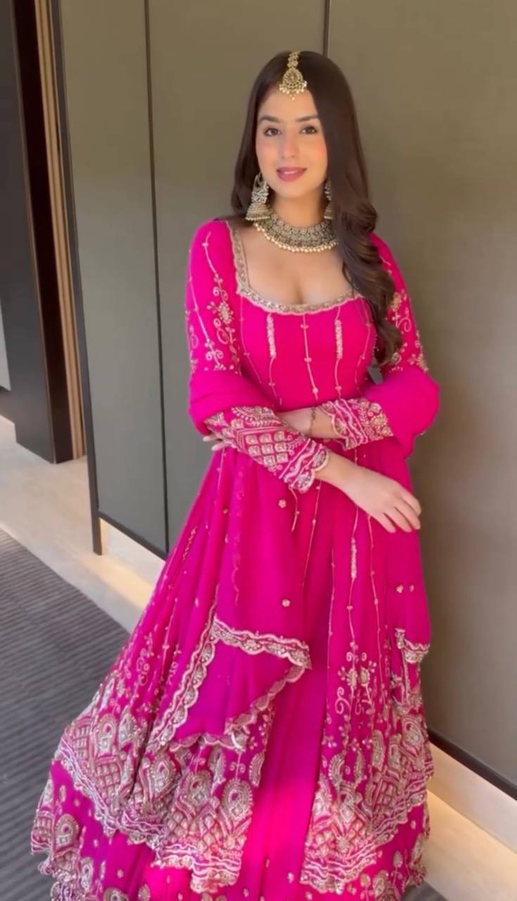 Festival Special Embroidered Georgette Pink Party Wear Stitched 3 Piece Set