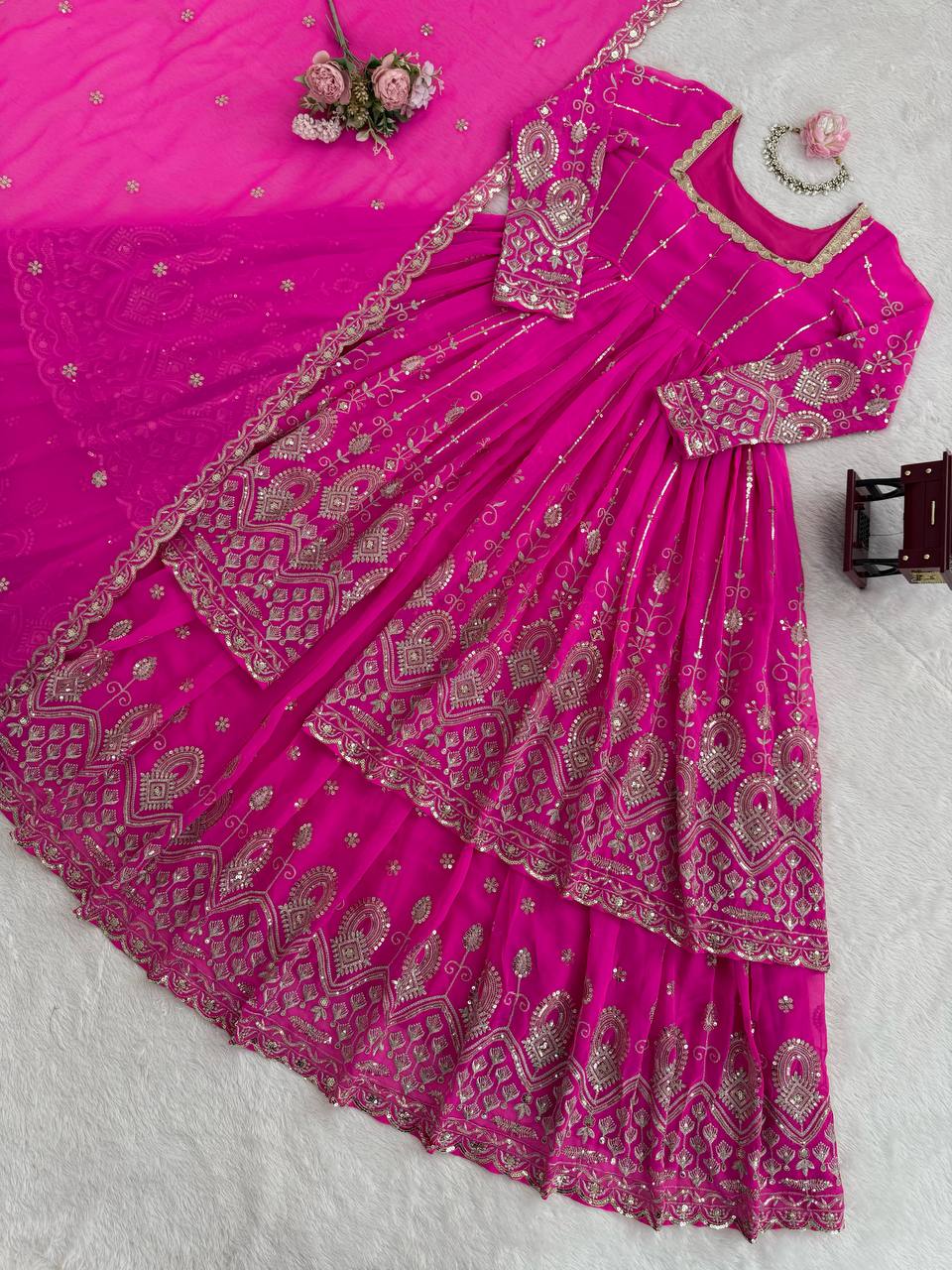 Festival Special Embroidered Georgette Pink Party Wear Stitched 3 Piece Set