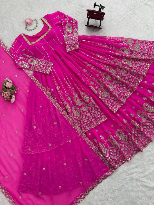Festival Special Embroidered Georgette Pink Party Wear Stitched 3 Piece Set