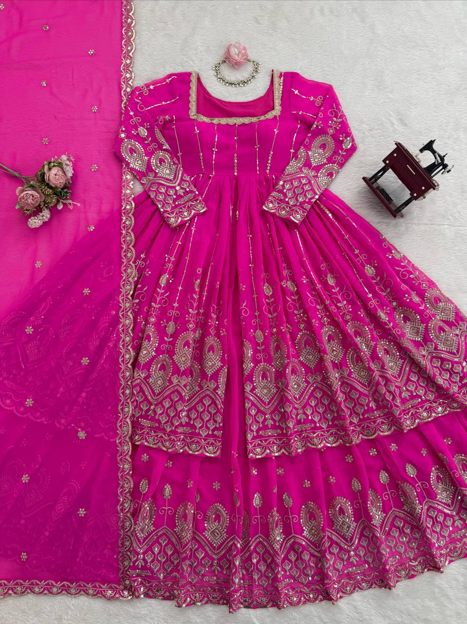 Festival Special Embroidered Georgette Pink Party Wear Stitched 3 Piece Set