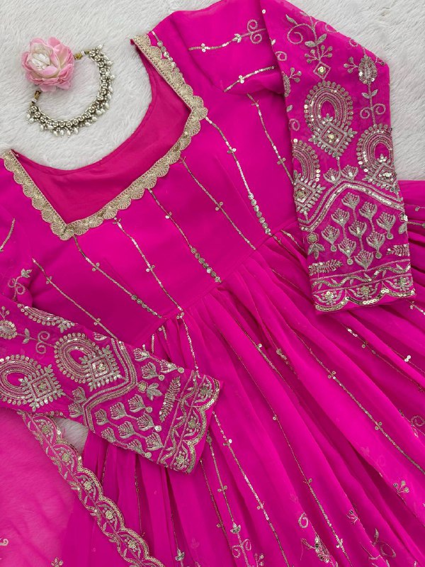 Festival Special Embroidered Georgette Pink Party Wear Stitched 3 Piece Set